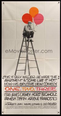 8d489 ONE, TWO, THREE 3sh '62 wonderful Saul Bass art of Billy Wilder on ladder with balloons!