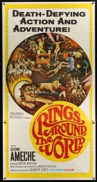 8d510 RINGS AROUND THE WORLD 3sh '66 Don Ameche, cool art of the greatest circus acts in the world!