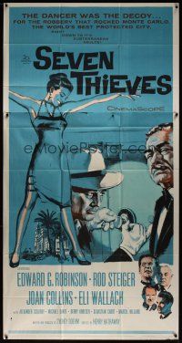 8d525 SEVEN THIEVES 3sh '59 cool art of Edward G. Robinson, Rod Steiger & sexy Joan Collins!