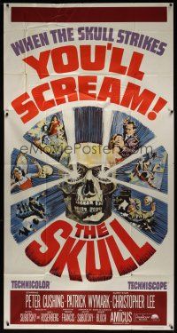 8d529 SKULL 3sh '65 Peter Cushing, Christopher Lee, cool horror artwork of creepy skull!