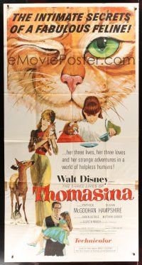 8d559 THREE LIVES OF THOMASINA 3sh '64 Walt Disney, great art of winking & smiling cat!
