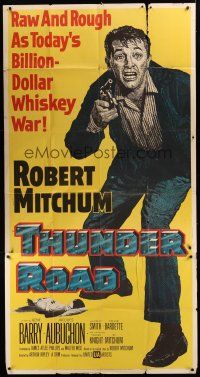 8d560 THUNDER ROAD 3sh '58 great full-length artwork of moonshiner Robert Mitchum!