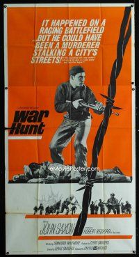 8d579 WAR HUNT 3sh '62 great full-length image of John Saxon with rifle over dead body!