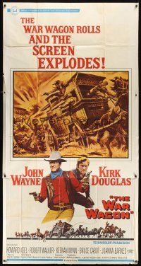 8d581 WAR WAGON 3sh '67 cowboys John Wayne & Kirk Douglas, western armored stagecoach artwork!