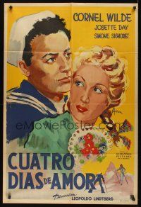 8d217 FOUR DAYS LEAVE Argentinean '50 art of skiing sailor Cornel Wilde & Josette Day!