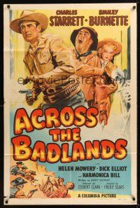 8e015 ACROSS THE BADLANDS 1sh '50 cool artwork of cowboy Charles Starrett, Smiley Burnette!