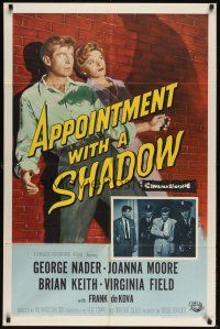 8e042 APPOINTMENT WITH A SHADOW 1sh '58 cool noir artwork of silhouette pointing gun at stars!