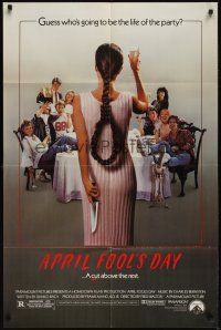 8e043 APRIL FOOLS DAY 1sh '86 wacky horror, great image of girl with knife & noose hair!