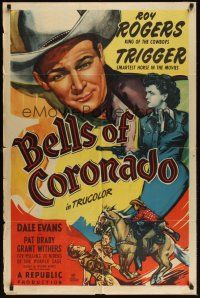8e073 BELLS OF CORONADO 1sh '50 cool art of Roy Rogers, Dale Evans, & Trigger!