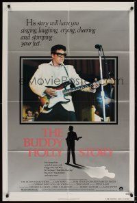8e126 BUDDY HOLLY STORY 1sh '78 great image of Gary Busey performing on stage with guitar!