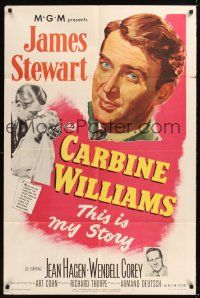 8e142 CARBINE WILLIAMS 1sh '52 great portrait art of James Stewart, Jean Hagen, Wendell Corey!