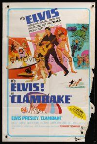 8e165 CLAMBAKE 1sh '67 cool art of Elvis Presley with sexy babes, rock & roll!