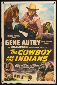 8e186 COWBOY & THE INDIANS 1sh '49 great images of Gene Autry w/Champion & playing guitar!