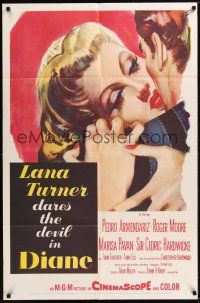 8e231 DIANE 1sh '56 sexy Lana Turner dares the devil, great close up romantic artwork!