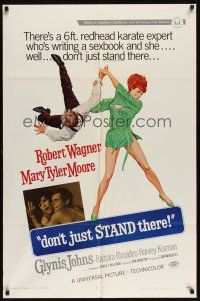 8e246 DON'T JUST STAND THERE 1sh '68 wacky art of sexiest Barbara Rhoades throwing Robert Wagner!