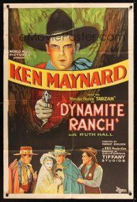 8e264 DYNAMITE RANCH 1sh '32 stone litho artwork of Ken Maynard with six-shooter, Ruth Hall!