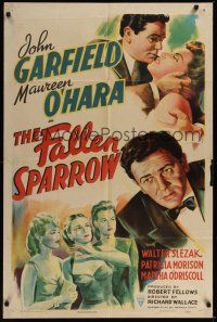 8e289 FALLEN SPARROW style A 1sh '43 great romantic artwork of John Garfield & sexy Maureen O'Hara!