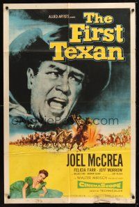 8e307 FIRST TEXAN 1sh '56 great close up image of cowboy Joel McCrea, plus sexy Felicia Farr!