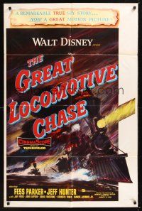 8e359 GREAT LOCOMOTIVE CHASE 1sh '56 Disney, really cool artwork of railroad train!