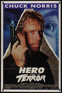 8e389 HERO & THE TERROR 1sh '88 man of action Chuck Norris w/gun!