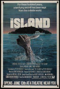8e445 ISLAND advance 1sh '80 cool artwork of hand out of water holding knife by Gehm!