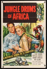 8e465 JUNGLE DRUMS OF AFRICA 1sh '52 Clayton Moore with gun & Phyllis Coates, Republic serial!