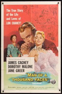 8e541 MAN OF A THOUSAND FACES 1sh '57 art of James Cagney as Lon Chaney Sr. by Reynold Brown!