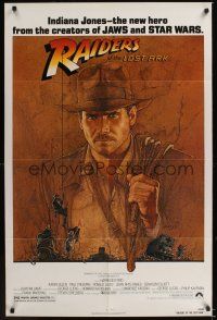 8e698 RAIDERS OF THE LOST ARK 1sh '81 great art of adventurer Harrison Ford by Richard Amsel!