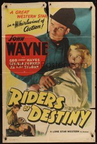 8e718 RIDERS OF DESTINY 1sh R47 John Wayne in a whirlwind of action, Cecilia Parker!