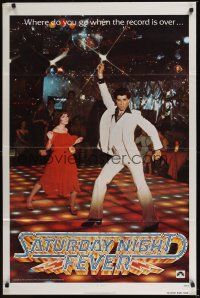 8e756 SATURDAY NIGHT FEVER teaser 1sh '77 image of disco dancer John Travolta & Karen Lynn Gorney!