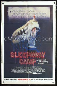 8e793 SLEEPAWAY CAMP advance 1sh '83 teen horror, artwork of bloody knife through shoe!
