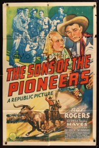8e804 SONS OF THE PIONEERS 1sh '42 cool artwork of Roy Rogers w/Marix Wrixon and on horseback!