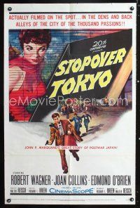 8e830 STOPOVER TOKYO 1sh '57 artwork of sexy Joan Collins & spy Robert Wagner in Japan!