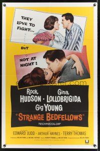 8e831 STRANGE BEDFELLOWS 1sh '65 Gina Lollobrigida & Rock Hudson love to fight, but not at night!