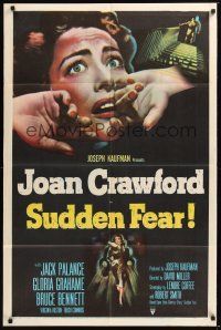 8e839 SUDDEN FEAR style A 1sh '52 great close up of terrified Joan Crawford!