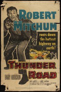 8e893 THUNDER ROAD 1sh '58 great artwork of moonshiner Robert Mitchum!