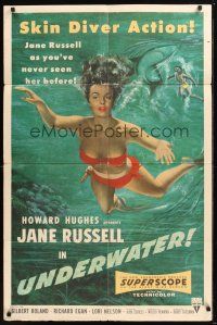 8e940 UNDERWATER 1sh '55 Howard Hughes, sexiest artwork of skin diver Jane Russell!