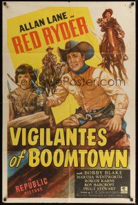 8e956 VIGILANTES OF BOOMTOWN 1sh '47 cool artwork of Allan Lane as Red Ryder, Bobby Blake!