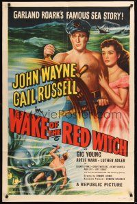 8e961 WAKE OF THE RED WITCH 1sh R52 art of barechested John Wayne & Gail Russell at ship's wheel!
