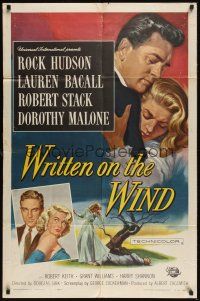 8e988 WRITTEN ON THE WIND 1sh '56 Brown art of sexy Lauren Bacall with Rock Hudson & Robert Stack!