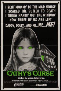 8k097 CATHY'S CURSE  1sh '77 creepy image of Linda Koot, she has the power to terrorize!