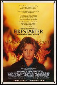 8k204 FIRESTARTER advance 1sh '84 close up of creepy eight year-old Drew Barrymore, sci-fi!