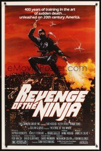 8k494 REVENGE OF THE NINJA  1sh '83 cool artwork of ninja throwing weapons in mid-air!