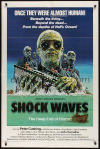 8k539 SHOCK WAVES  1sh '77 Peter Cushing, cool art of wacky ocean zombies terrorizing boat!