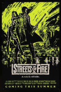 8k569 STREETS OF FIRE advance 1sh '84 Walter Hill, day-glo yellow art of Michael Pare & Diane Lane!