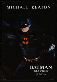 8m069 BATMAN RETURNS teaser 1sh '92 cool image of Michael Keaton in the title role, Tim Burton!