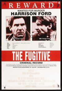 8m254 FUGITIVE int'l 1sh '93 Harrison Ford is on the run, cool wanted poster!