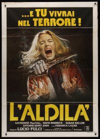 8p016 BEYOND Italian 1p '81 Lucio Fulci, disturbing art of girl getting throat slashed by Sciotti!