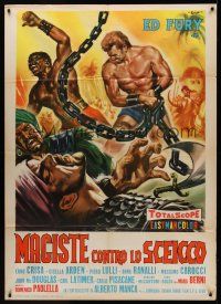 8p132 SAMSON AGAINST THE SHEIK Italian 1p '62 art of strongman Ed Fury with huge chains by Rene!