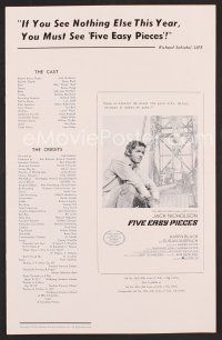 8r290 FIVE EASY PIECES pressbook '70 great close up of Jack Nicholson, directed by Bob Rafelson!